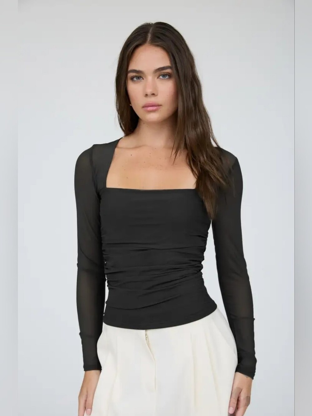 Square-Neck Black Long Sleeve Ruched Tee